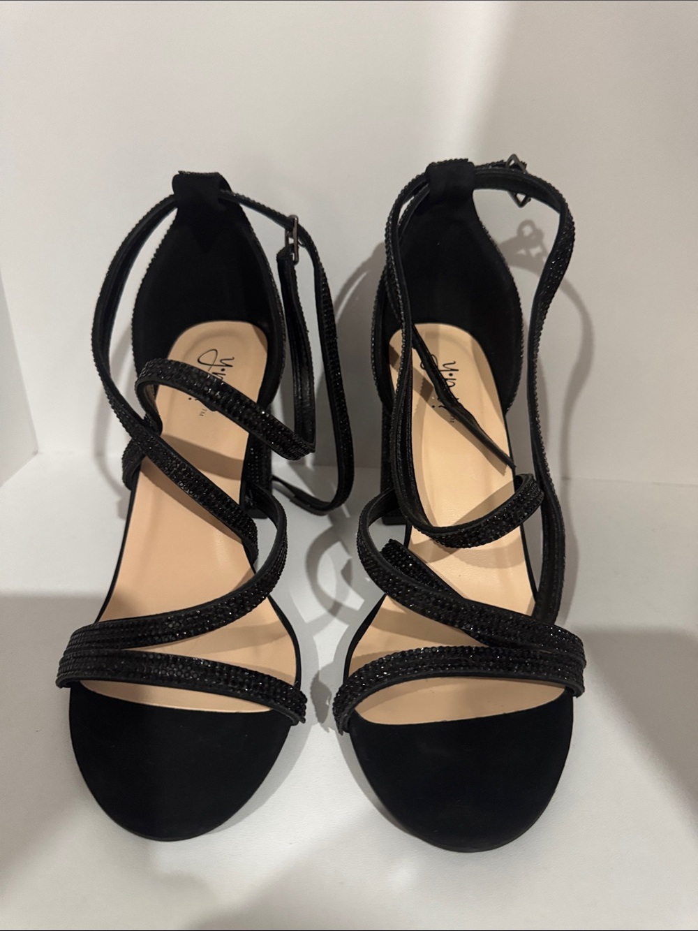 a new day Black Strappy Rhinestone Wrap Heels
